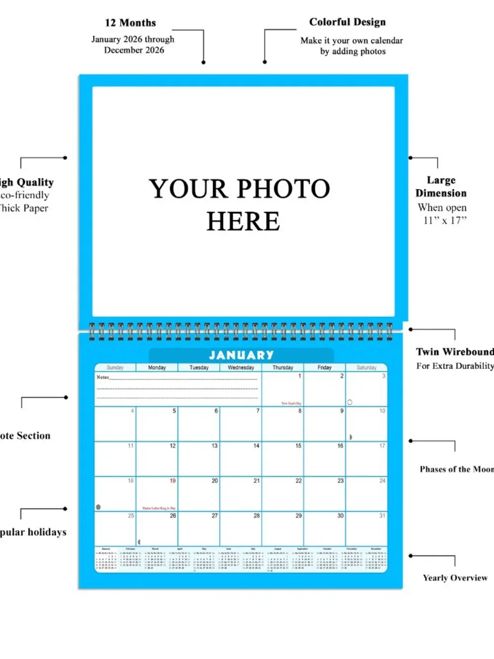 Personalized Custom 2027 Wall Calendar Spiral-bound - 12 Months. 11 x 8in. #05